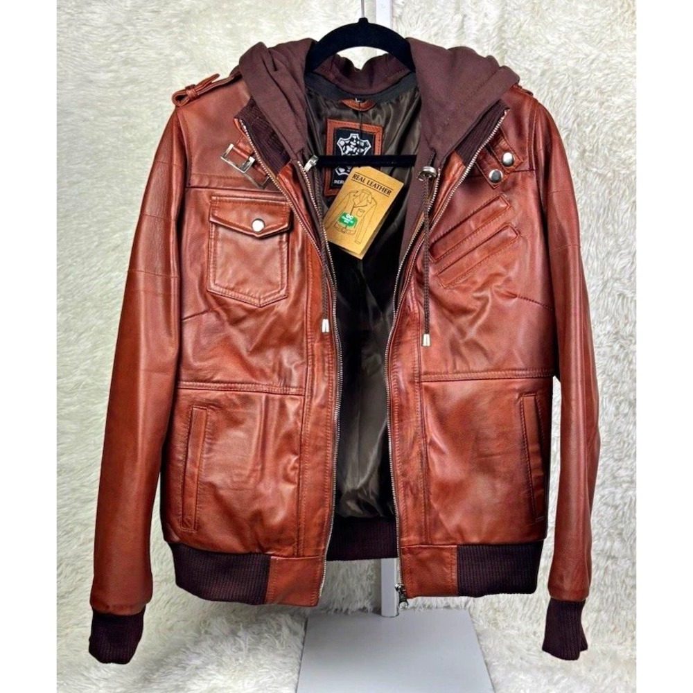 NWT Edinburgh Women's L Cognac Brown Real Leather Hooded Moto Jacket Dual Zip
